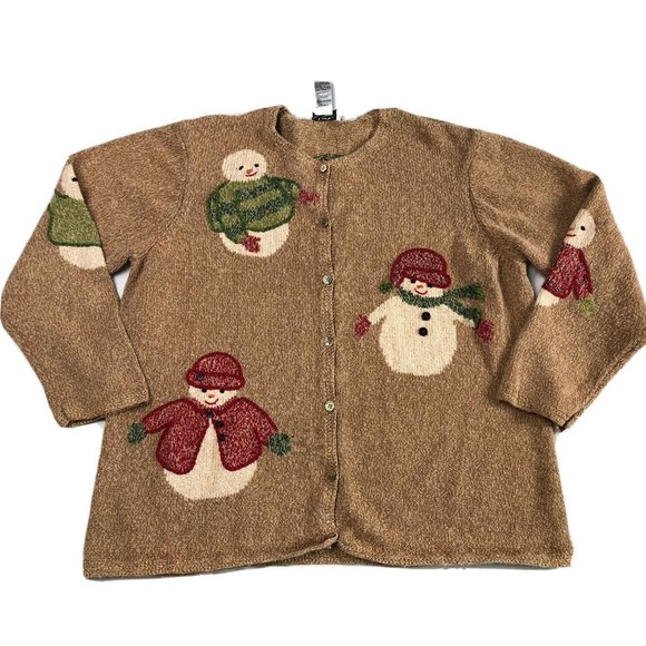 Talbots Sweaters - Talbots Women's Snowman Cardigan Sweater Christmas Beige Knit Size XL Button up